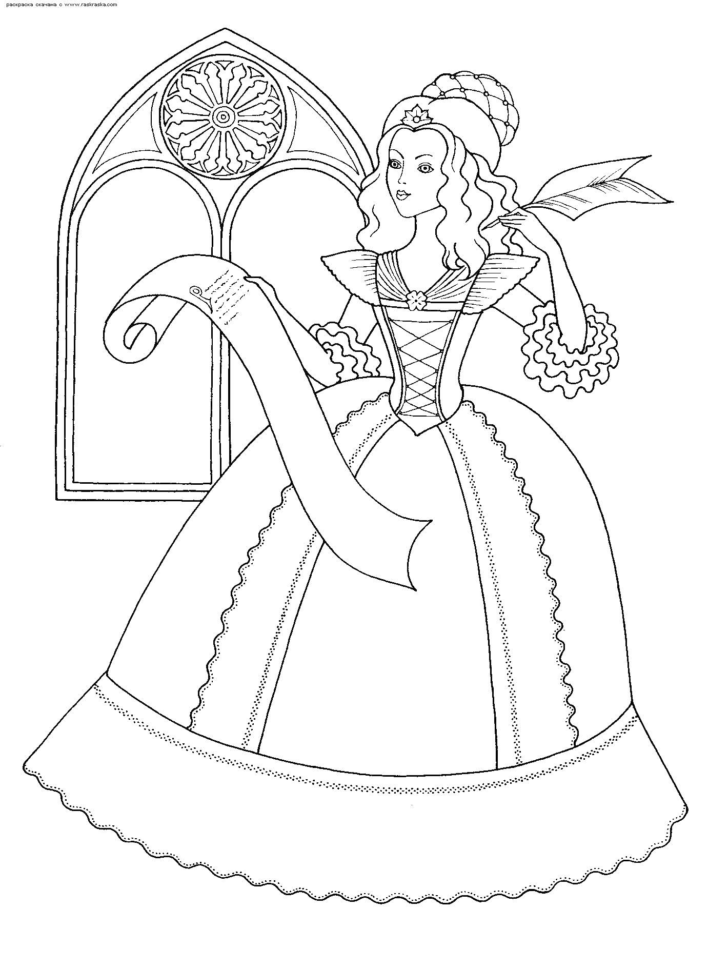 На раскраске изображено: Принцесса, Замок, Свиток, Платье, Для девочек, Корона, Окна