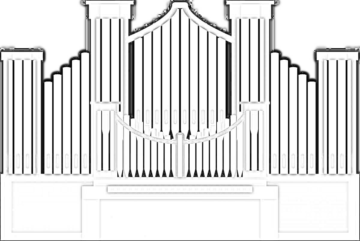 Раскраска Орган с большим набором труб, клавиатурой и колоннами