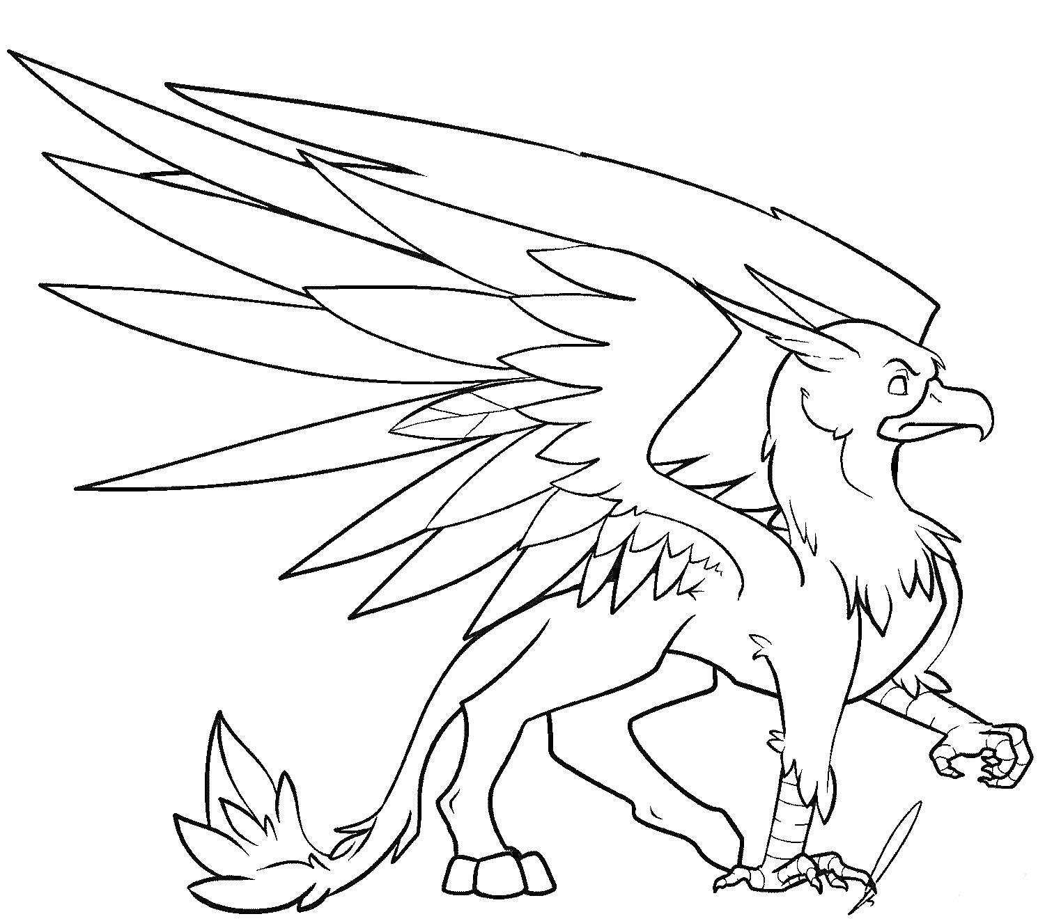 Раскраска Грифон с расправленными крыльями и поднятой лапой