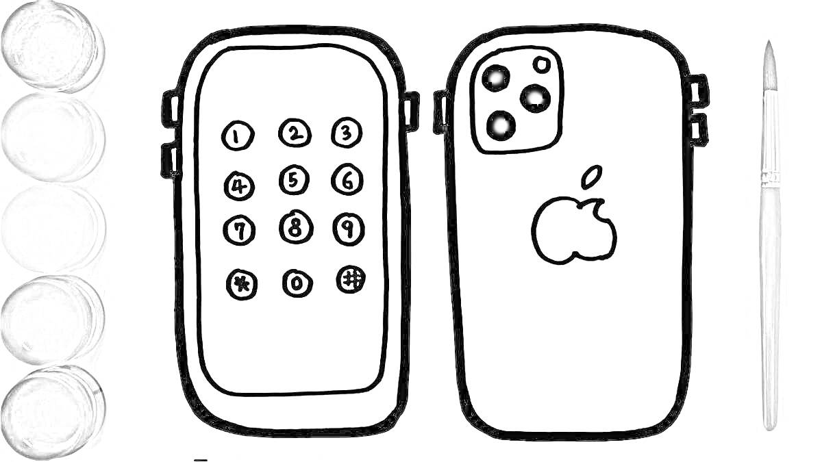 Раскраска Раскраска 13 Айфон с кнопками, красками и кисточкой