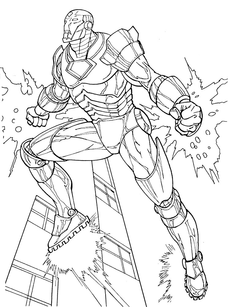 Раскраска Герой в бронированном костюме, излучающий энергетические волны, прыжок с здания