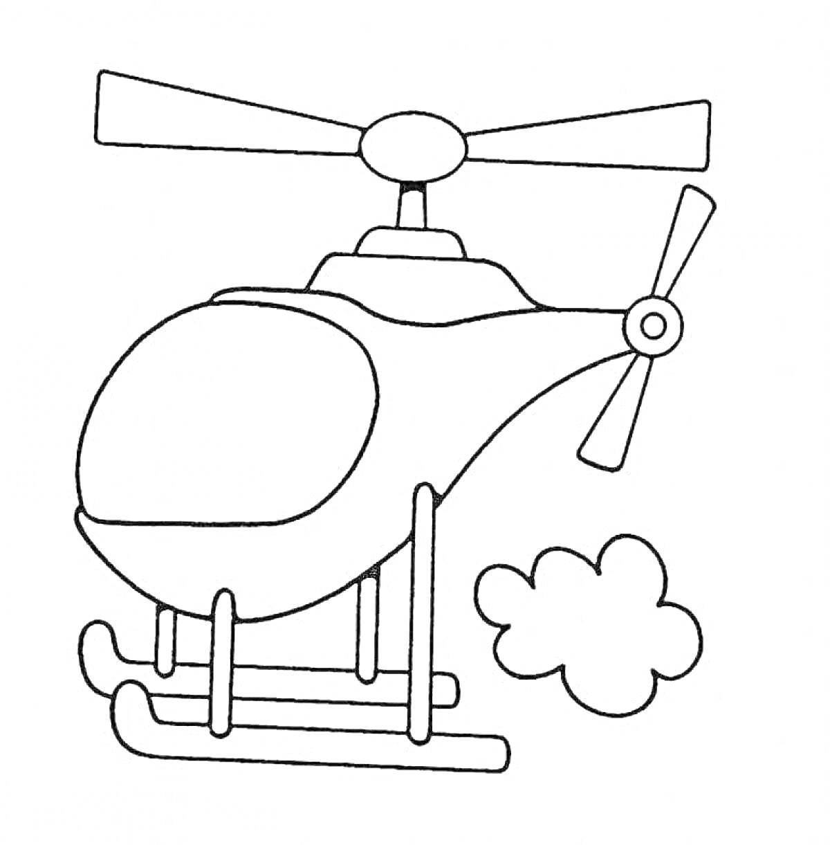 На раскраске изображено: Вертолет, Транспорт, Воздушный транспорт, Для детей, Облака
