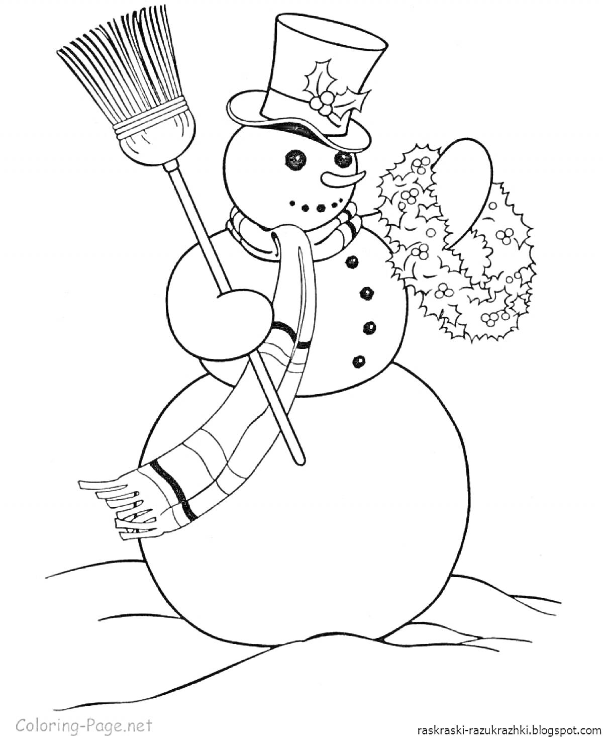 Раскраска Снеговик с метлой, шарфом, шляпой и рождественским венком на снежной поляне