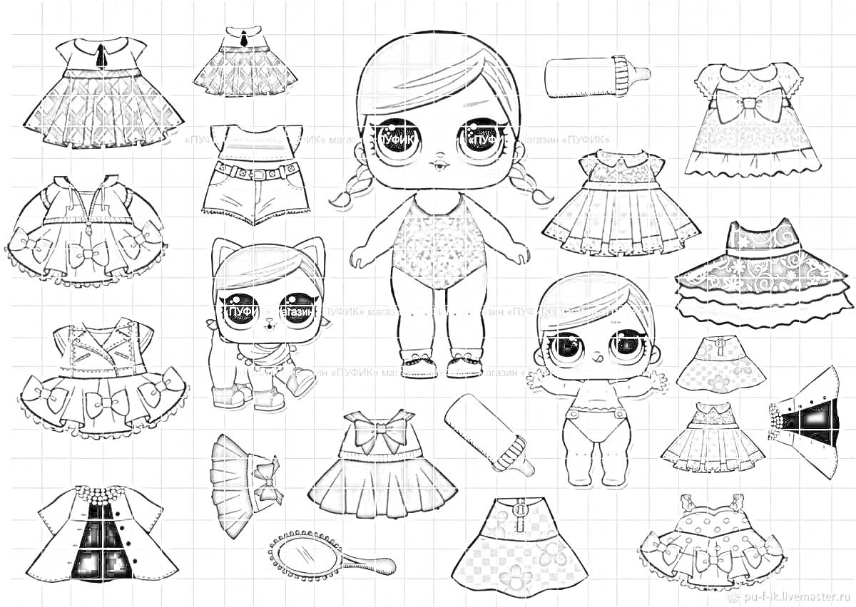 Раскраска Куклы ЛОЛ с одеждой для вырезания – платья, юбки, топы, обувь, бутылочки, расческа