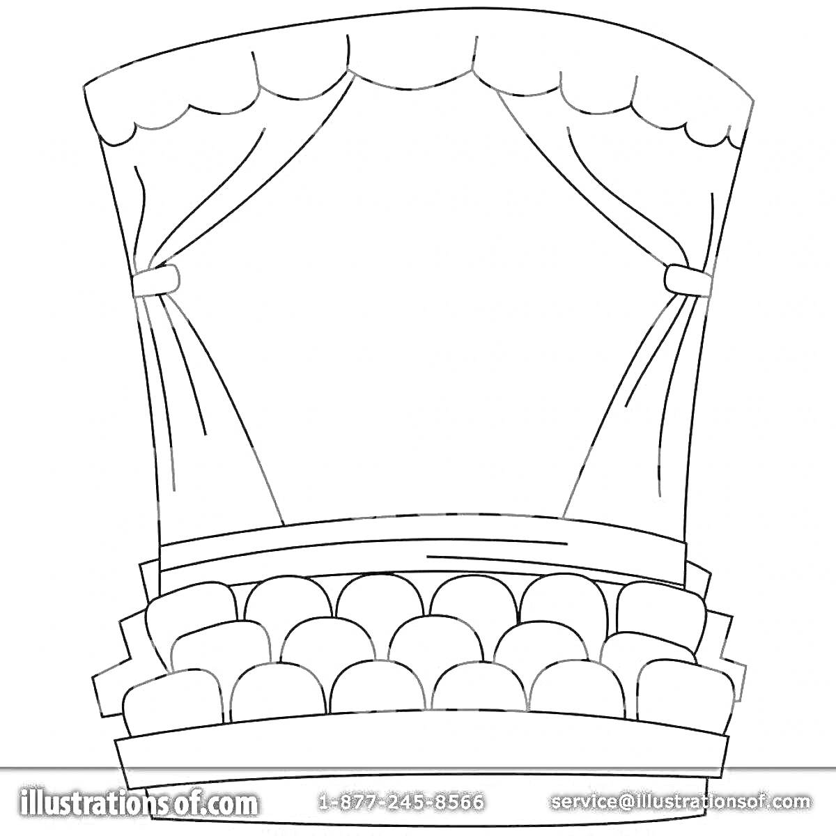 Раскраска Театр с занавесом и зрительными рядами