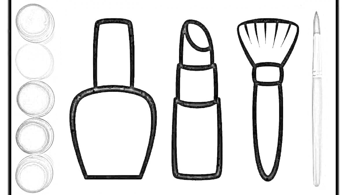 На раскраске изображено: Лак для ногтей, Помада, Косметика, Для детей, Кисточки