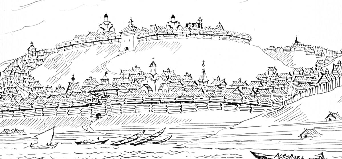 Раскраска Кремль в Великом Новгороде, крепостные стены, башни, храмы, река, лодки