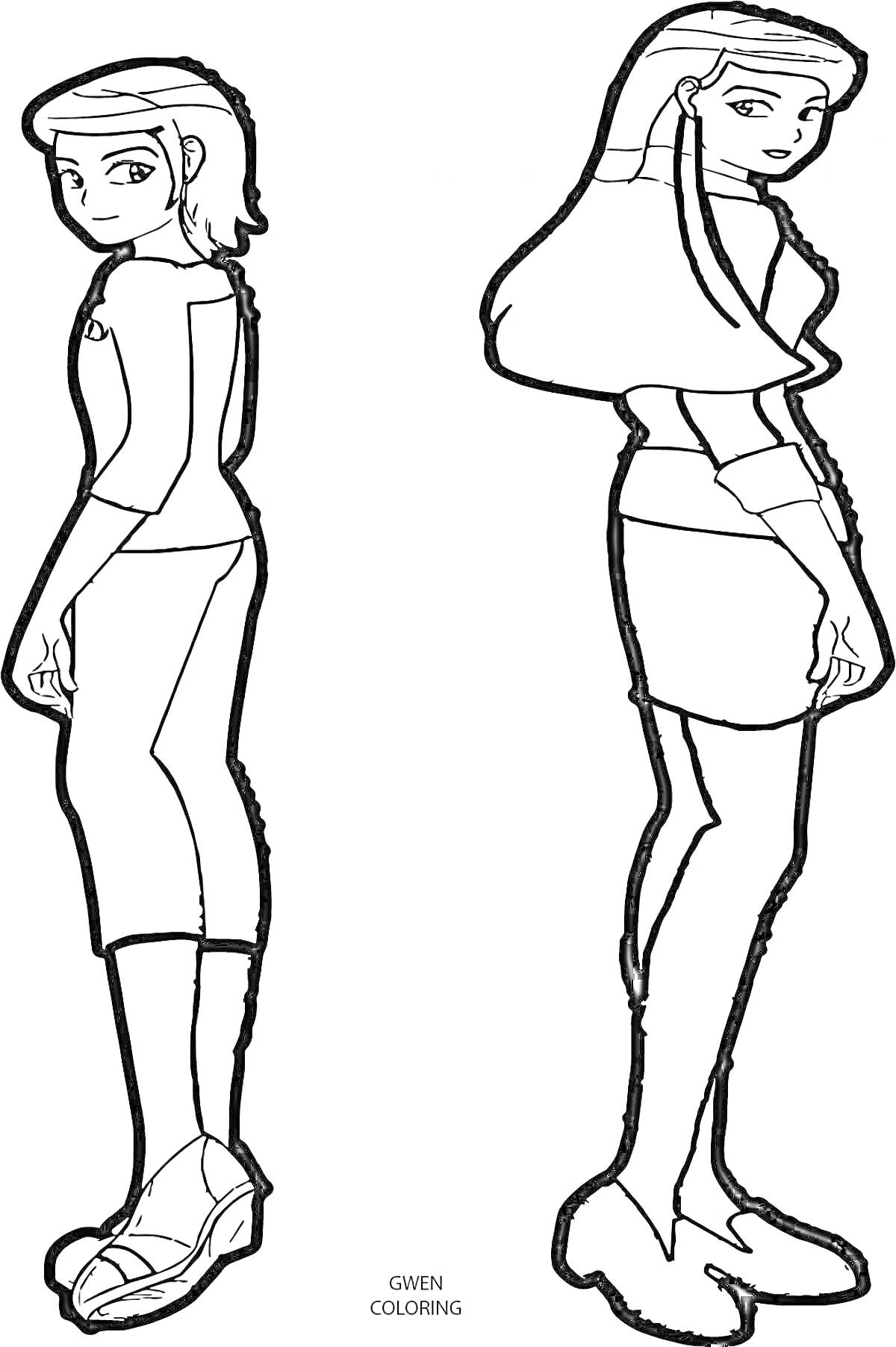 Раскраска Две девушки на высоких каблуках в обтягивающей одежде, вид сзади