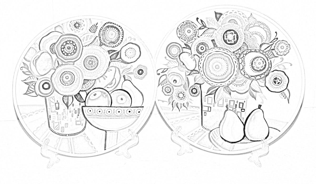 Раскраска Две тарелки с цветочными композициями в вазах, двумя грушами и домом на заднем плане, акриловые краски