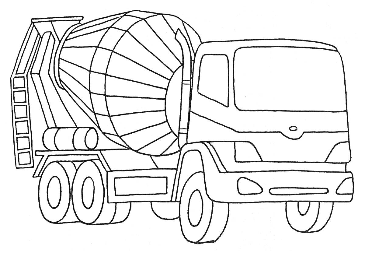 Раскраска Машина-бетономешалка, грузовик с бетономешалкой, бетонный смеситель, колеса, кабина водителя, лестница