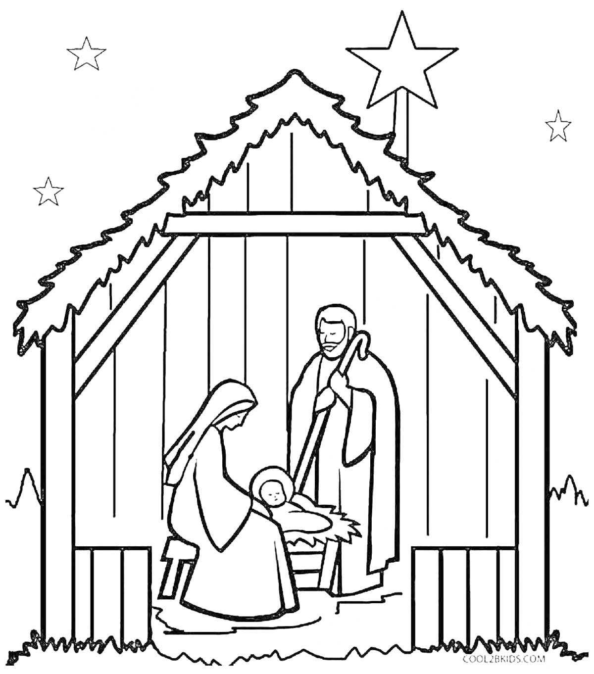 На раскраске изображено: Рождество, Вертеп, Мария, Иосиф, Младенец Иисус, Хлев, Ясли, Рождественская сцена, Звезды