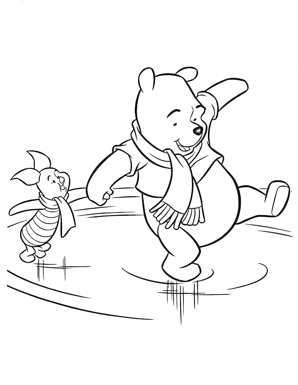 Раскраска Пятачок и Медвежонок с шарфиком, катающиеся на коньках