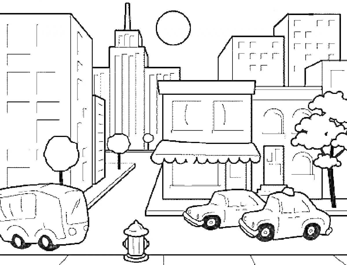 Раскраска городской пейзаж с автобусом, автомобилями, небоскребами, деревьями и гидрантом
