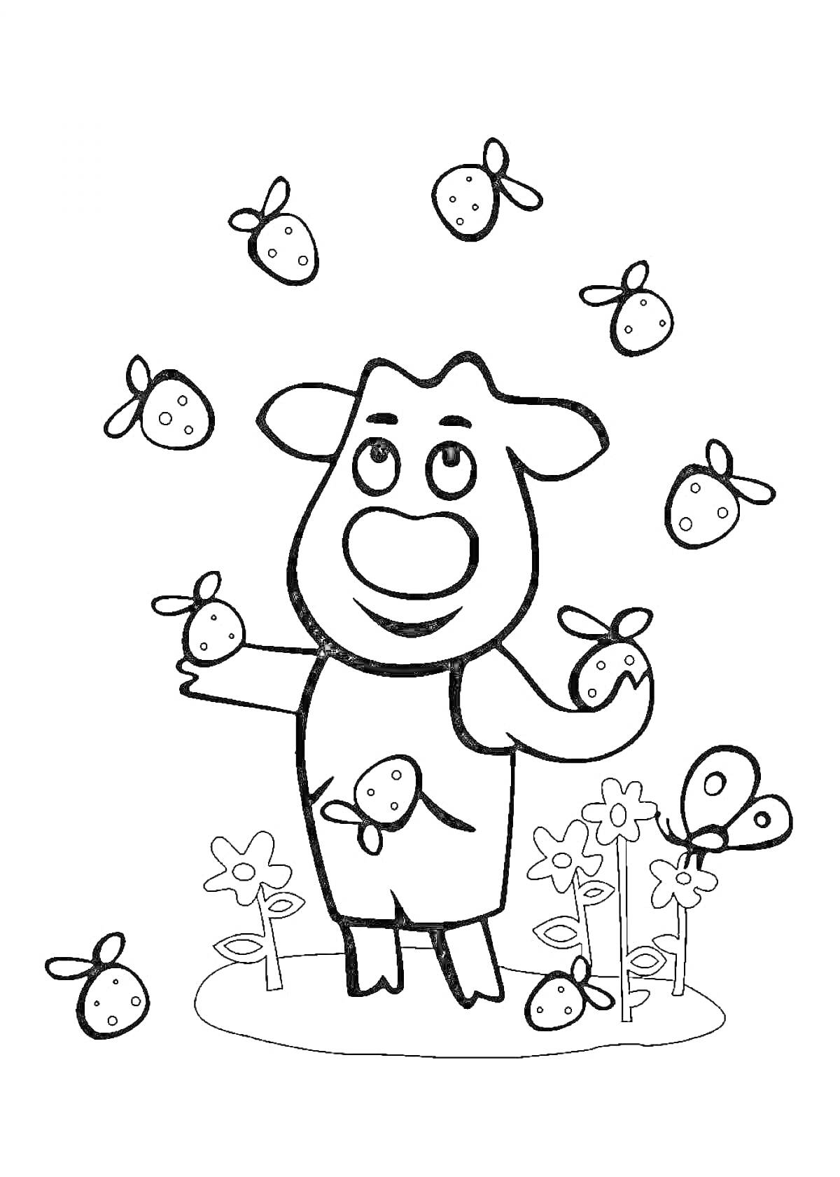 Раскраска Жонглирующий поросёнок с божьими коровками и цветами