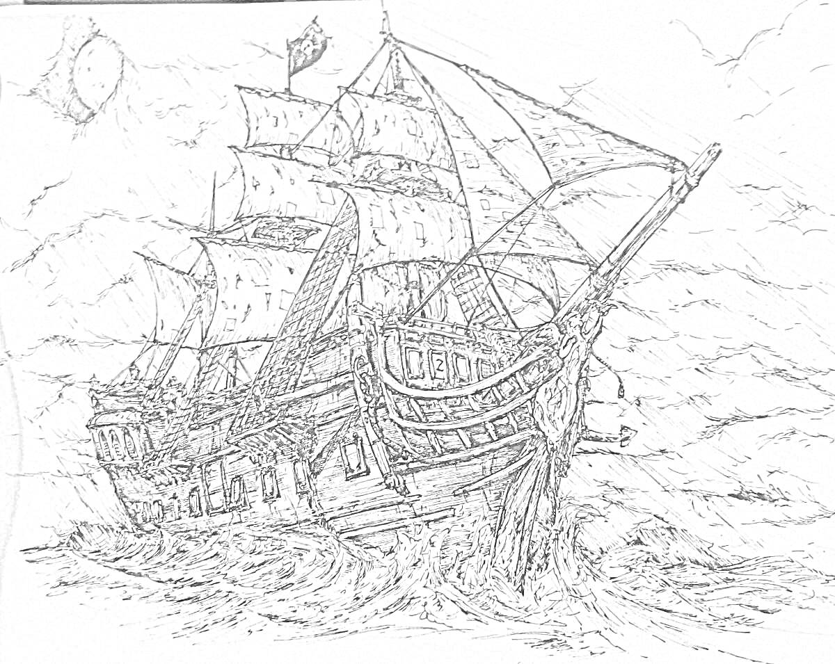 На раскраске изображено: Корабль, Море, Волны, Паруса, Небо, Облака