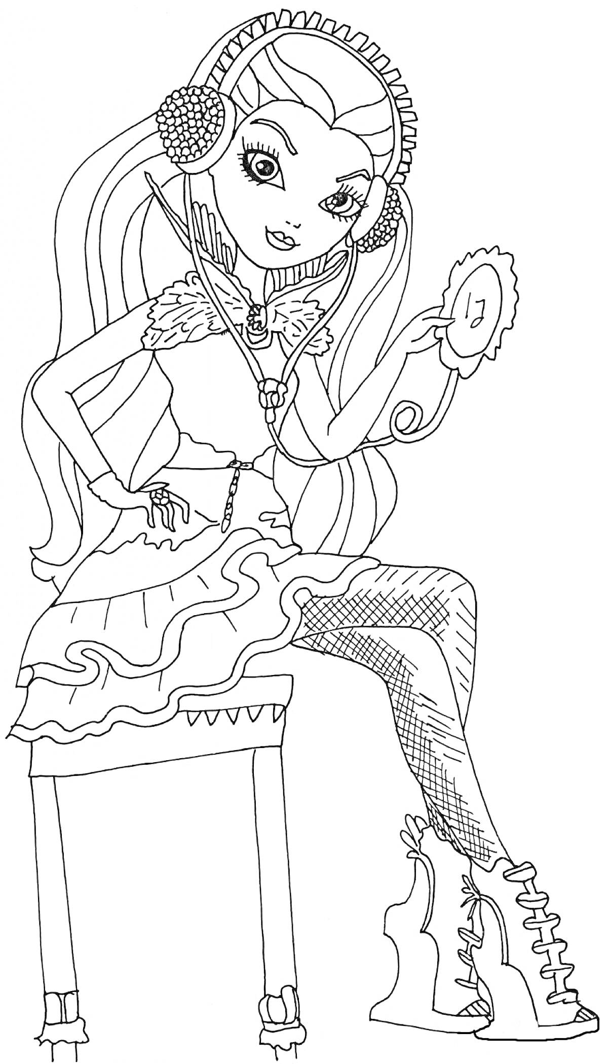 Девушка из Эвер Афтер Хай в наушниках и мини-платье с оборками, сидящая на скамейке и смотрящаяся в зеркало.
