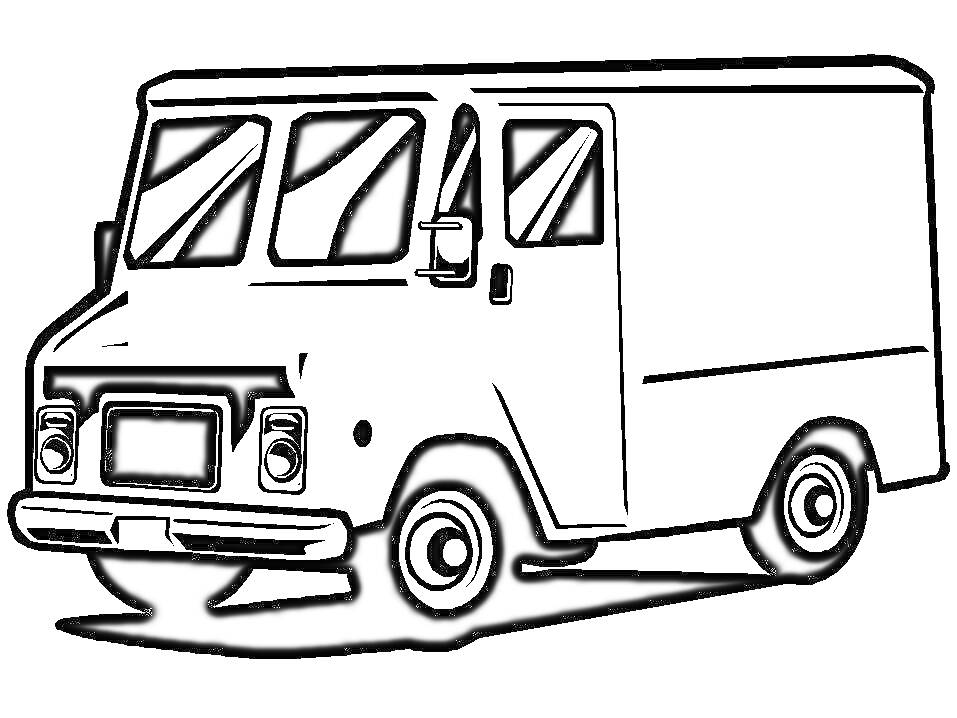 Раскраска Фургон с передним бампером, фарами, лобовыми стеклами, дверью и колесами