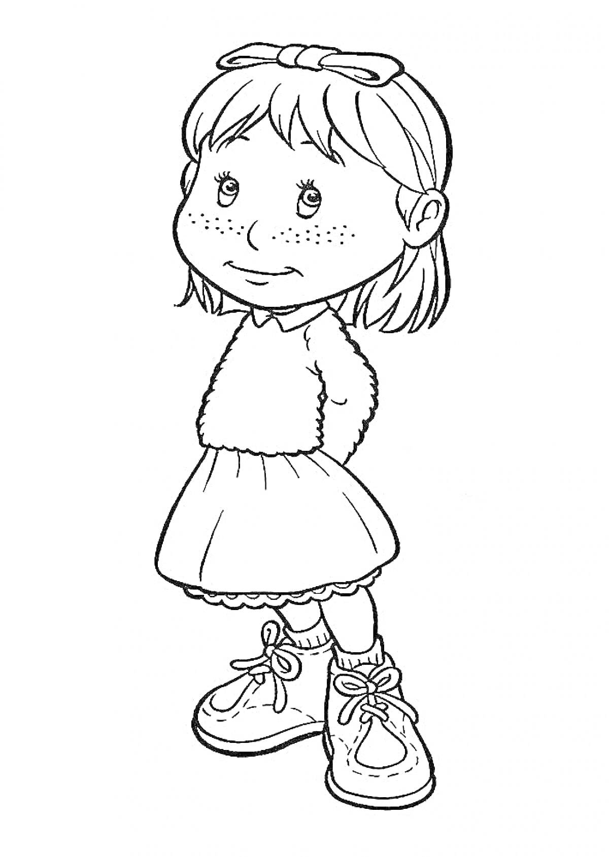 Раскраска Девочка с бантиком на голове, в рубашке с длинными рукавами, юбке и ботинках