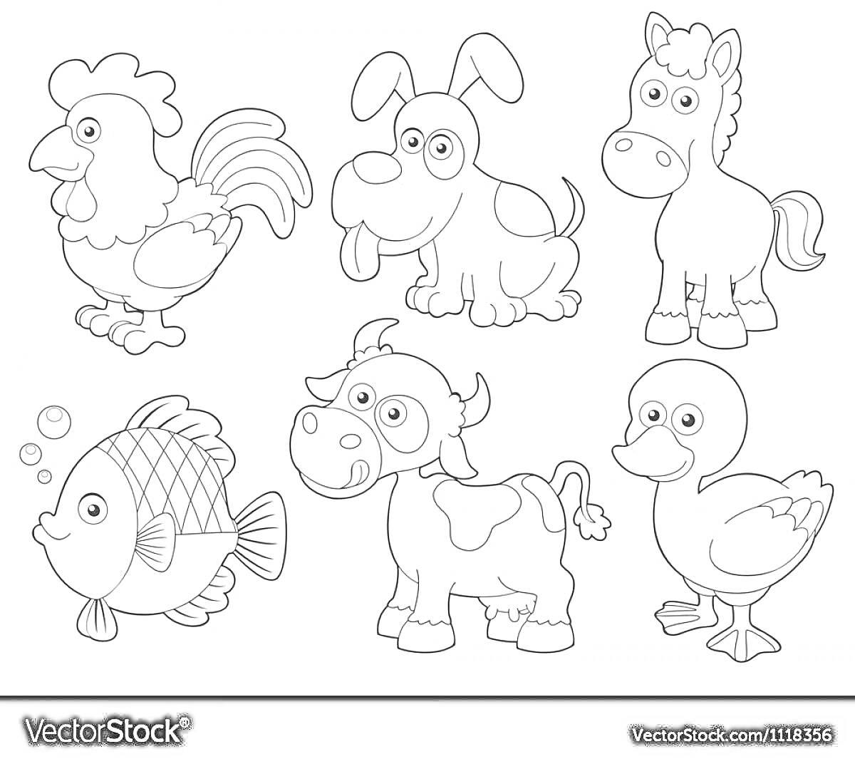 На раскраске изображено: Домашние животные, Петух, Собака, Лошадь, Рыба, Бык, Утка, 4-5 лет