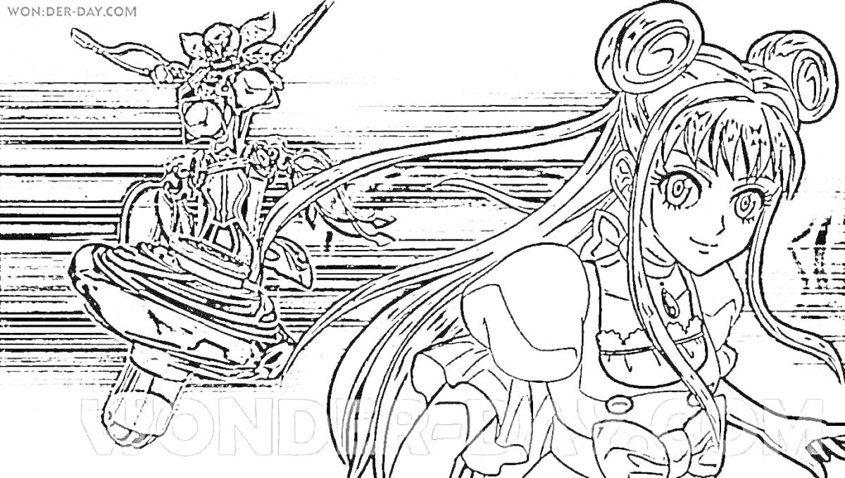 На раскраске изображено: Девочка, Длинные волосы, Аниме, Битва, Головные уборы, Игрушки