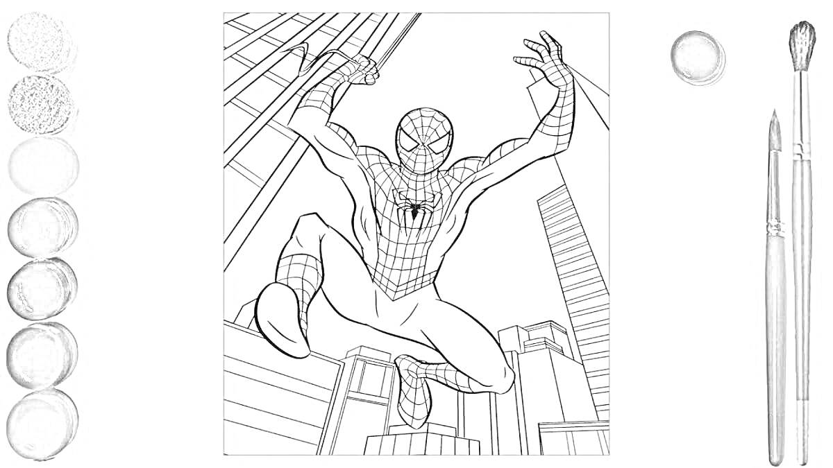 Раскраска Человек-Паук в прыжке на фоне высоток, набор для раскрашивания с красками и кисточками