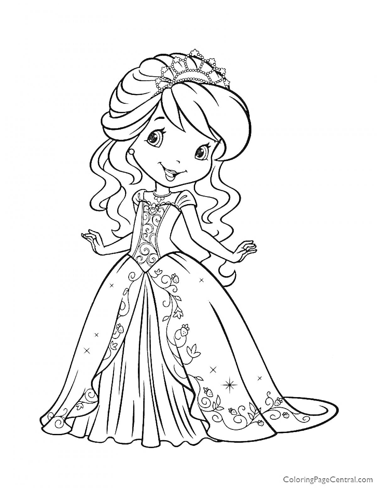 Раскраска Принцесса в длинном платье с узорами и диадемой