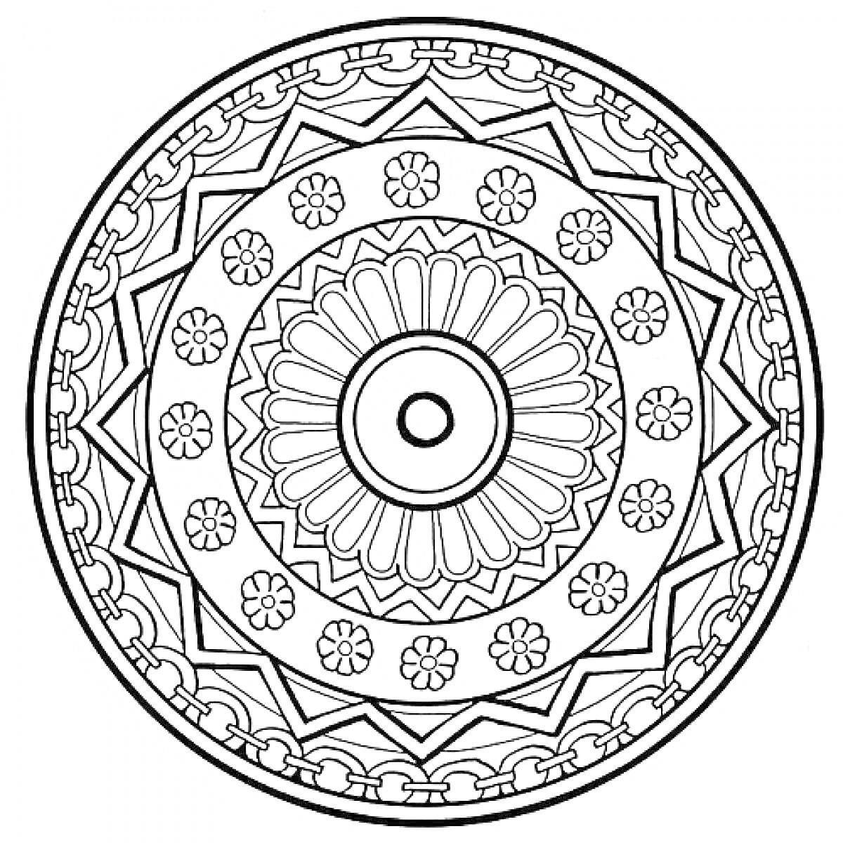Раскраска Комплексный узор в круге с цветочным орнаментом и геометрическими формами