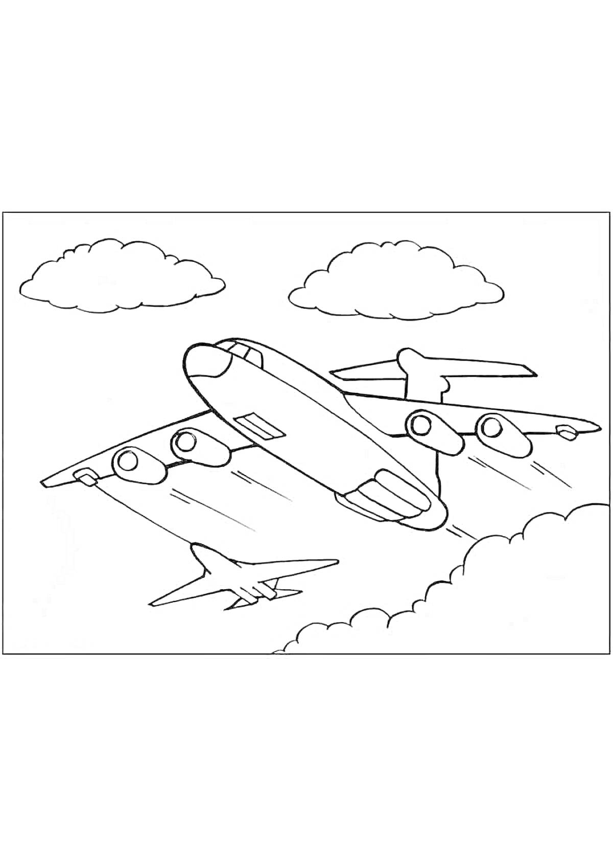 На раскраске изображено: Самолеты, Небо, Облака, Военная техника, Авиация