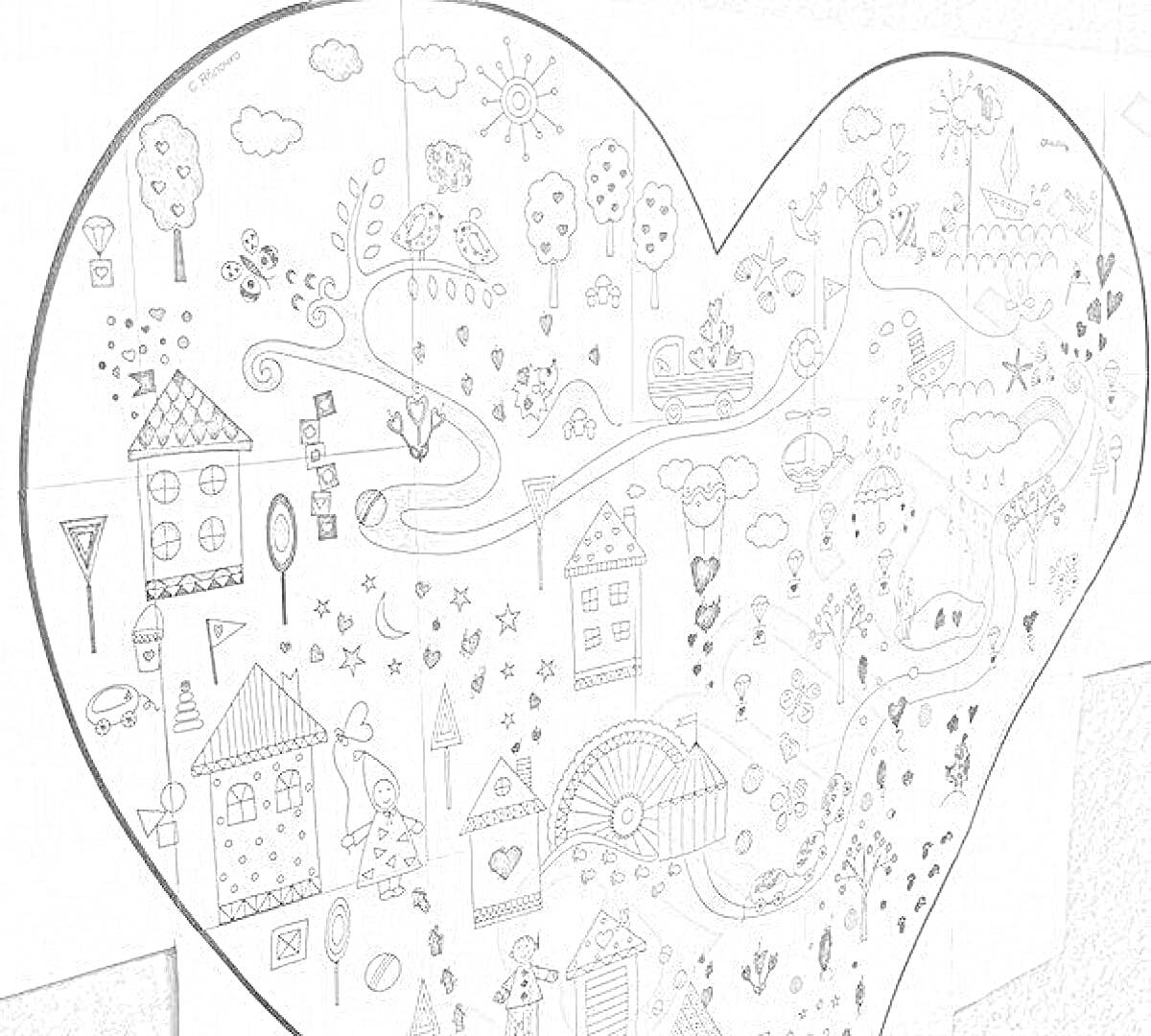Раскраска Сердце со сказочным городком и новогодними элементами (дома, деревья, украшения, персонажи).