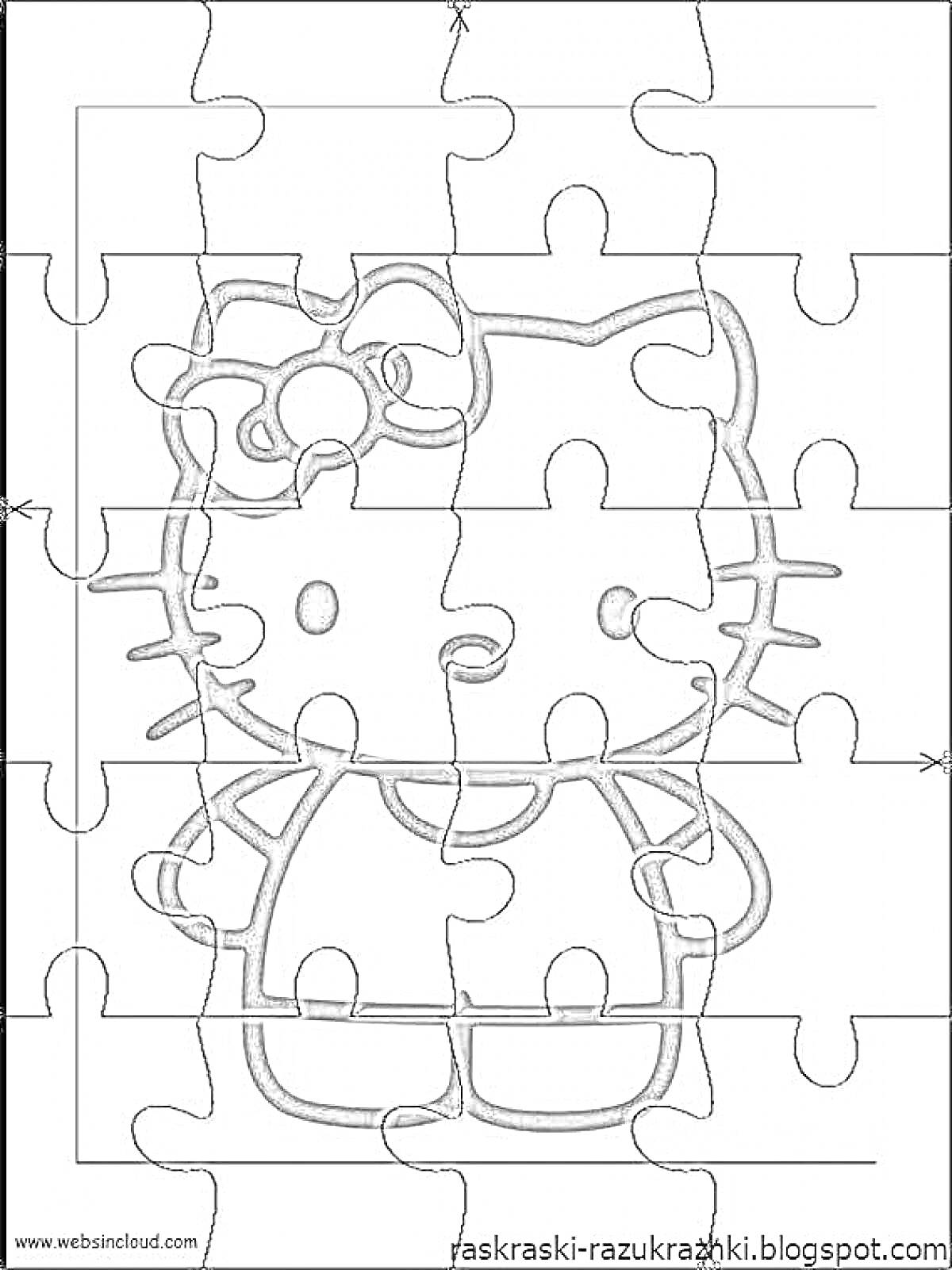 Раскраска Пазл раскраска с изображением мультяшного котенка с бантиком на голове