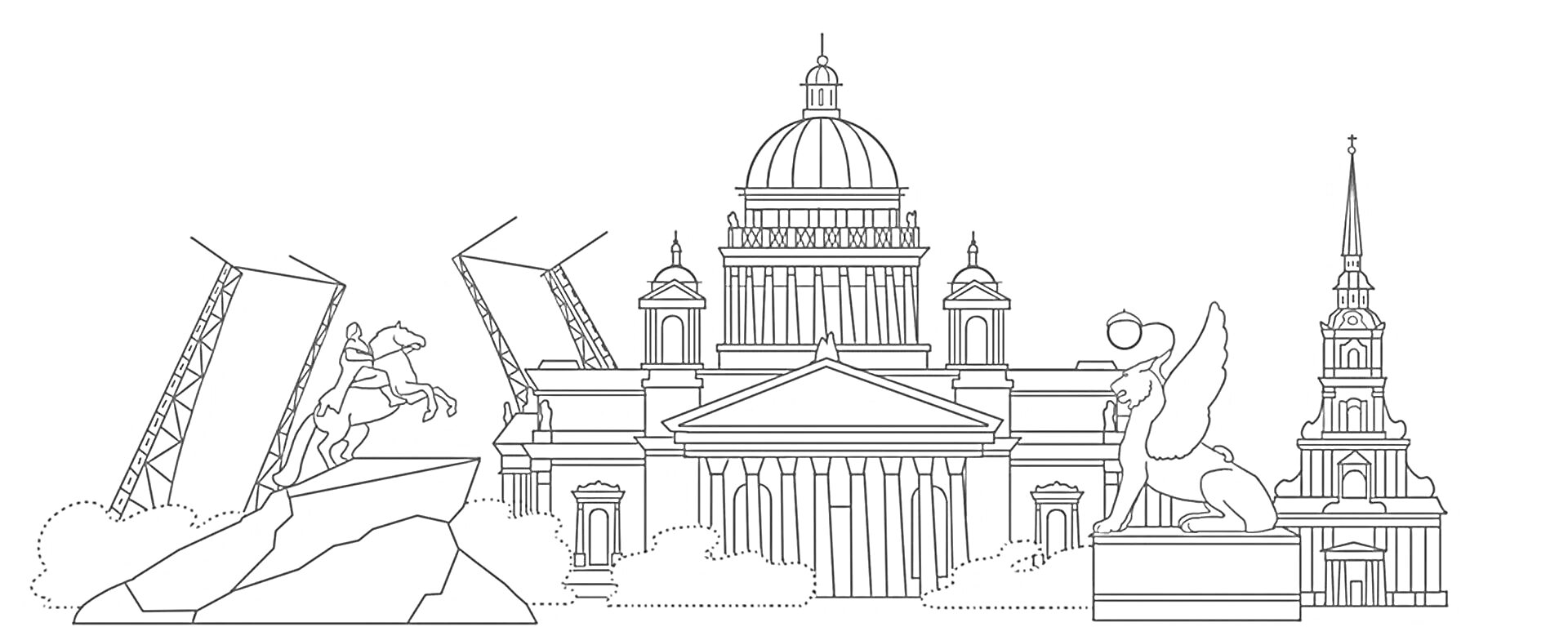 Раскраска Композиция с разводными мостами, Медным всадником, Исаакиевским собором и Петропавловским собором
