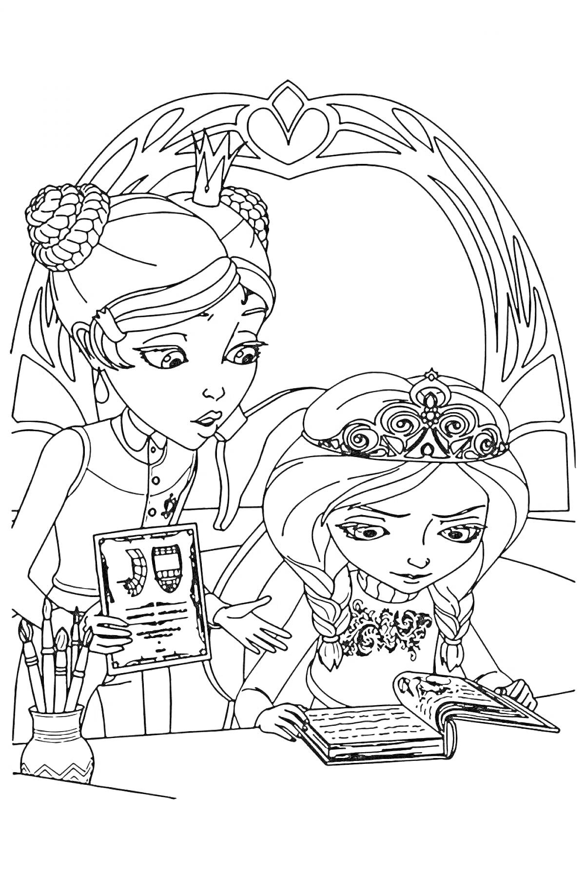 Раскраска Две девушки в коронах, одна изучает книгу, другая держит документ с гербами, на столе стакан с карандашами