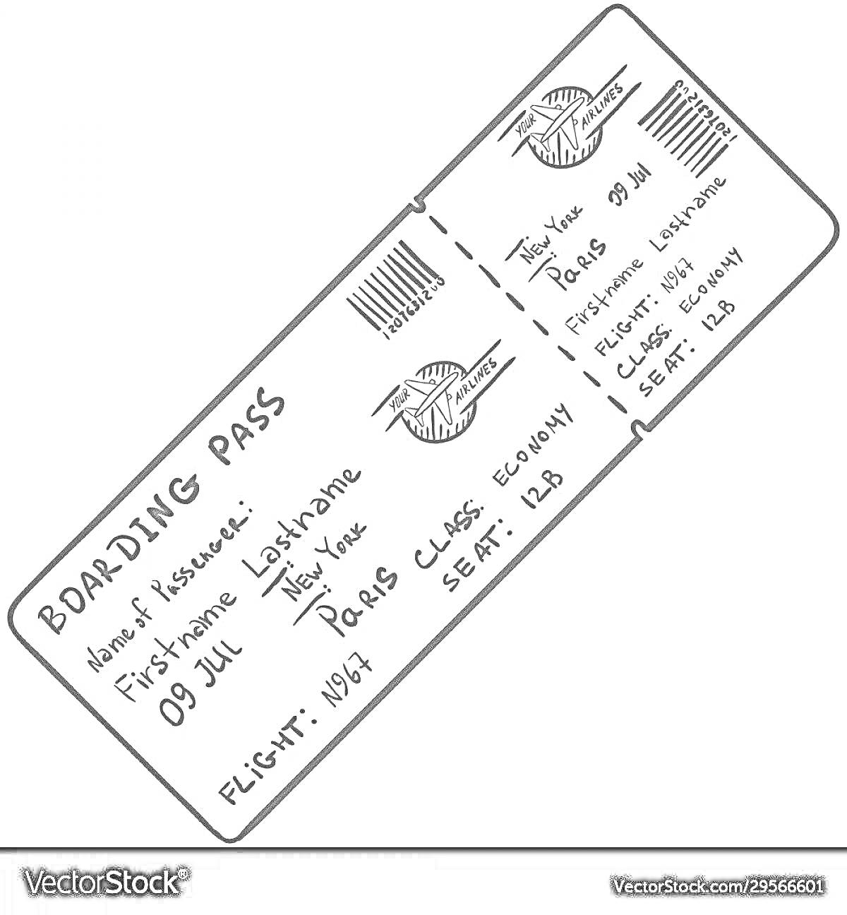 Билет на самолет с названием пассажира, номером рейса, классом и местом