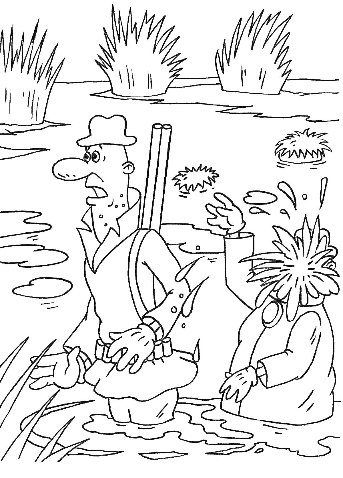 Раскраска Охота в болоте с персонажами Фунтиком и Дядюшкой Мокусом, заросли камыша, водоросли