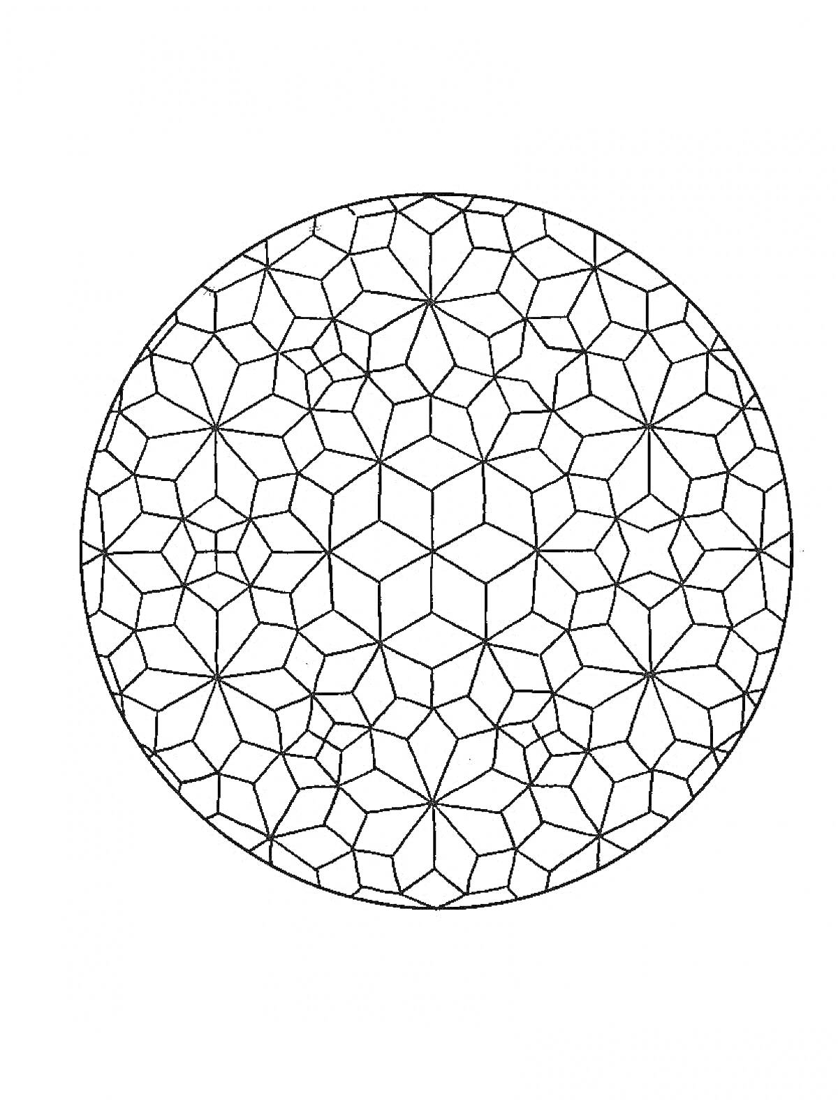 РаскраскаУзоры и геометрические фигуры в круге, напоминающие калейдоскоп