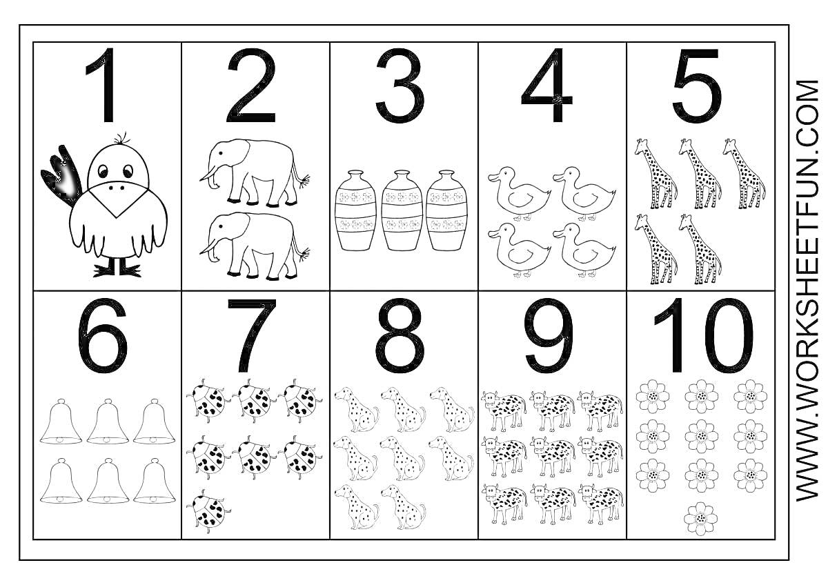 Раскраска Раскраска с числами от 1 до 10 и соответствующими изображениями. Элементы на фото: 1 - одна птичка 2 - два слона 3 - три банки 4 - четыре уточки 5 - пять жирафов 6 - шесть колокольчиков 7 - семь рыбок 8 - восемь звёзд 9 - девять цветков 10 - десять зверей