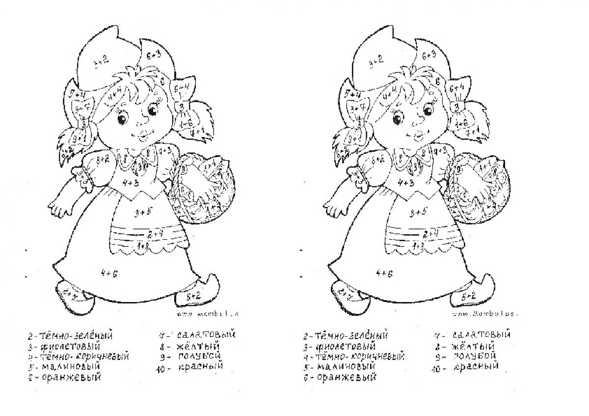 Раскраска Девочка с корзиной цветов - раскраска по математике в пределах 10 для сложения и вычитания