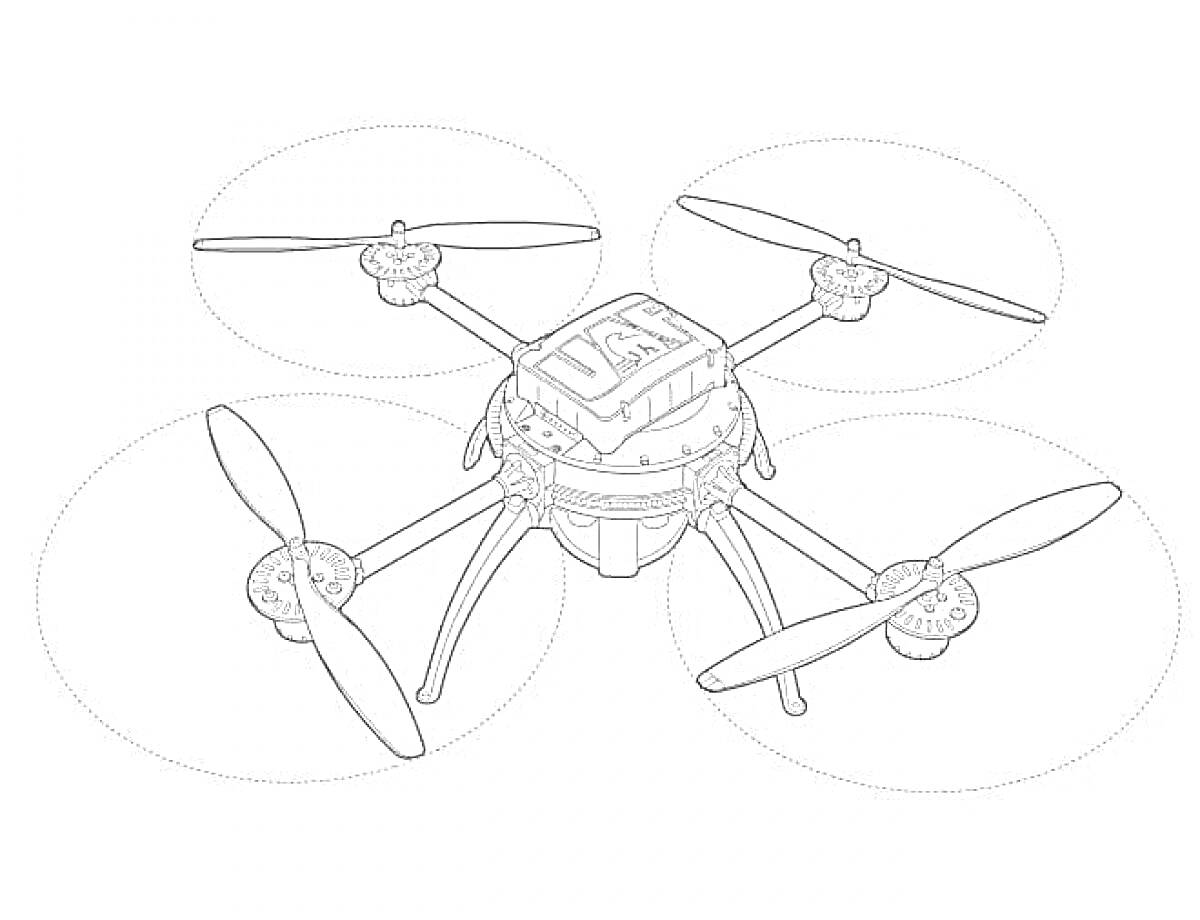 Раскраска Квадрокоптер с четырьмя роторами и центральным корпусом для оборудования