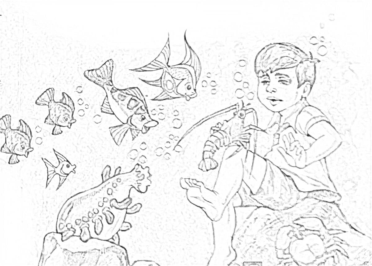 На раскраске изображено: Мальчик, Подводное царство, Рак, Кораллы, Море