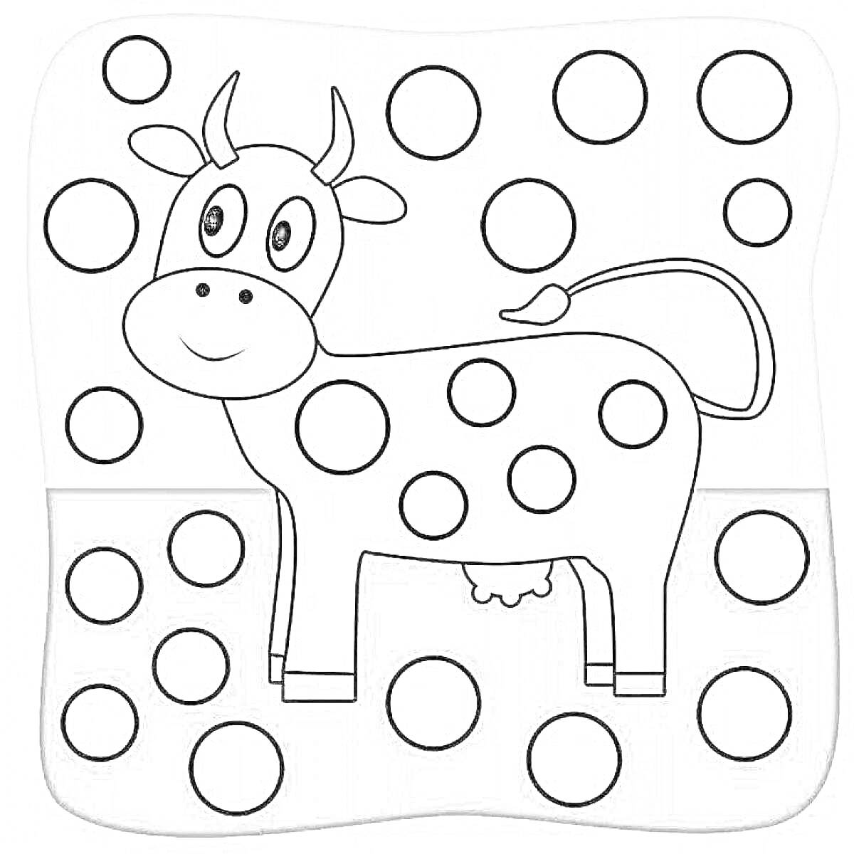 На раскраске изображено: Корова, Пластилин, Рога, Хвост, Копыта, Животные, Круги