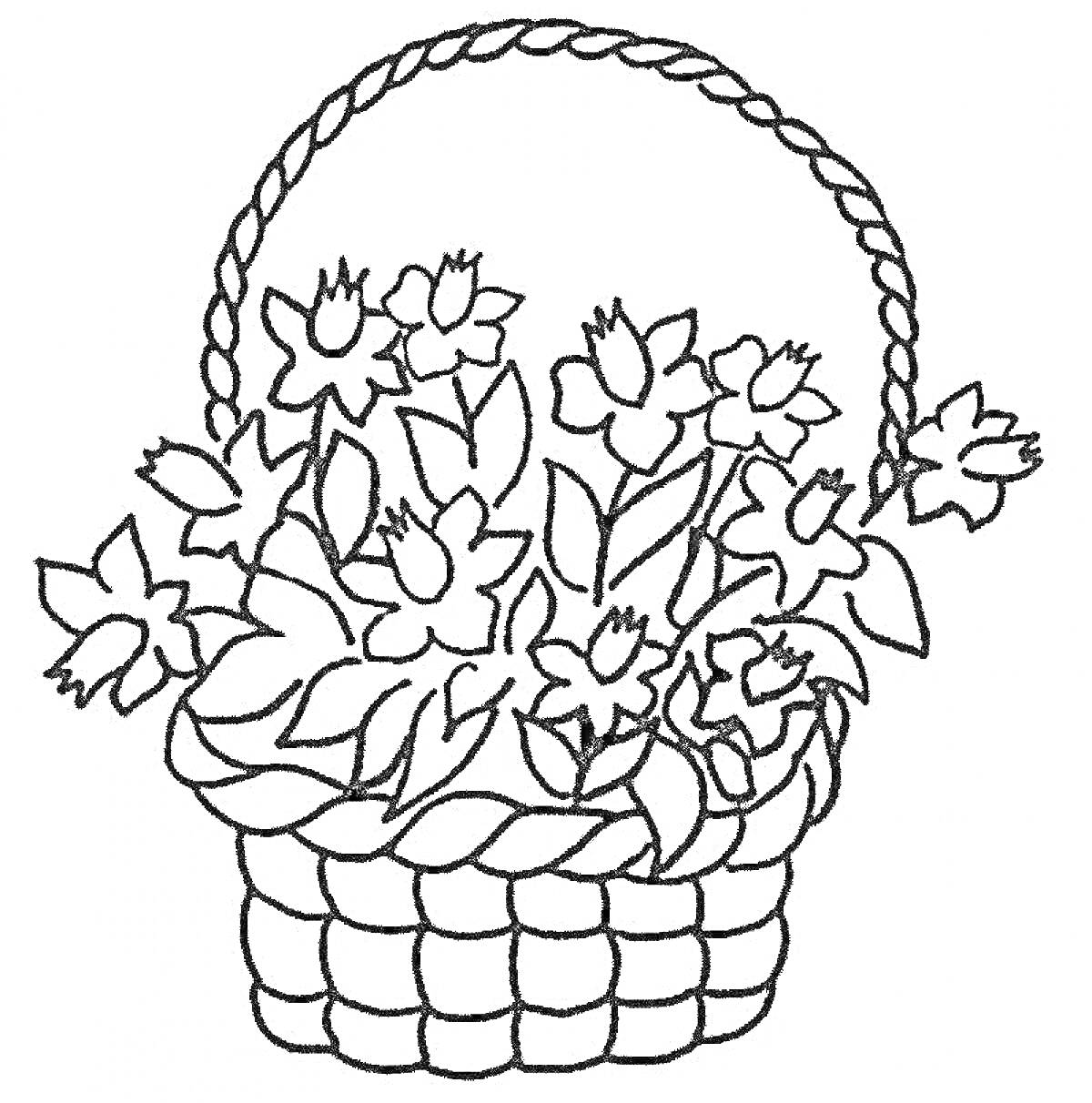 Раскраска Корзина с цветами, плетёная ручка, цветы с листьями