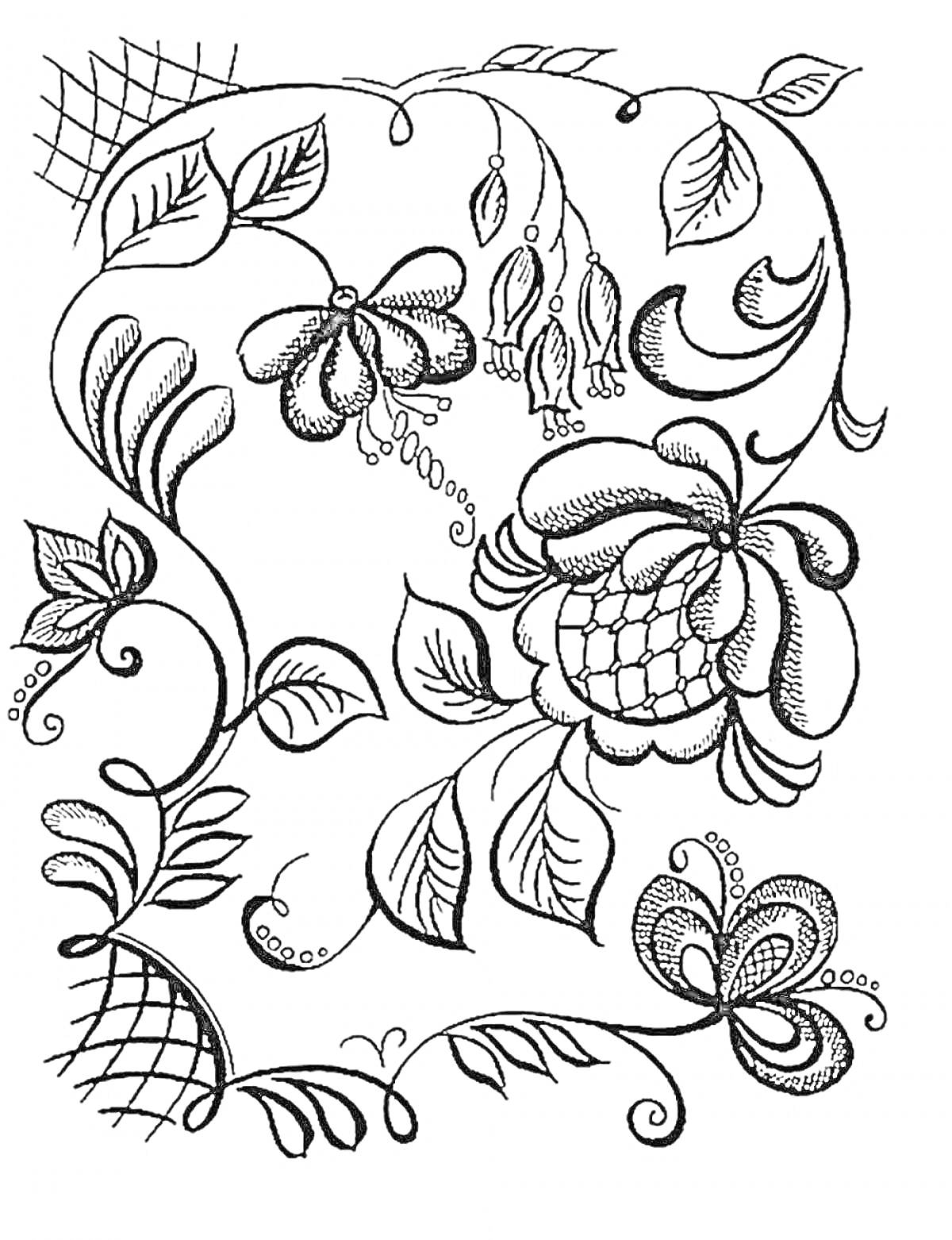 Раскраска Цветочная петриковская роспись с листьями и узорами