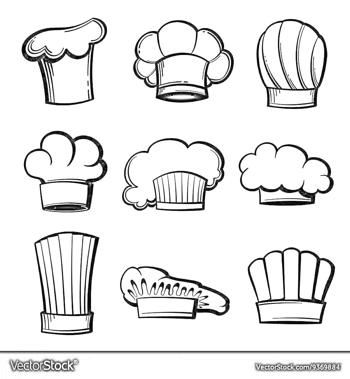 Раскраска Девять разных видов колпаков повара