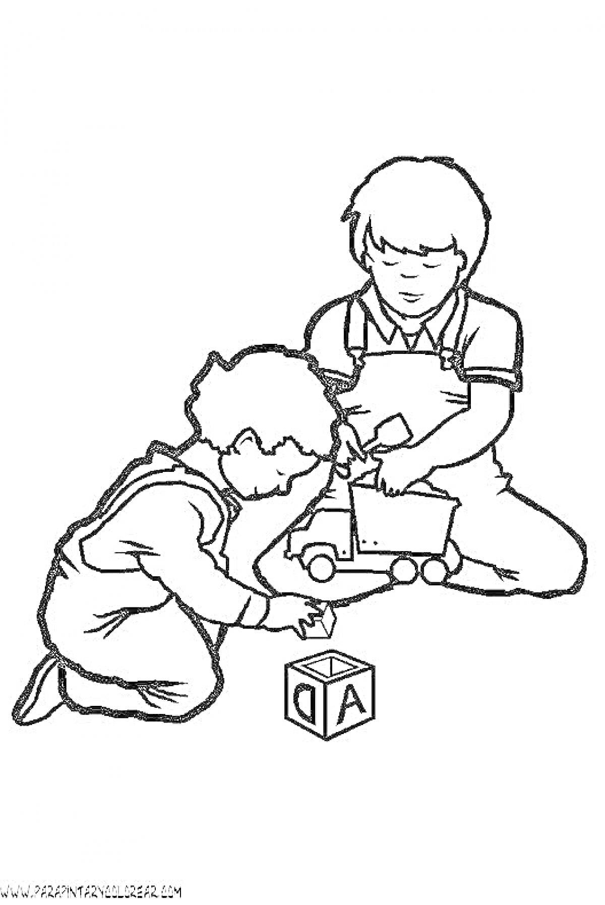 Раскраска Дети играют с грузовиком и кубиком