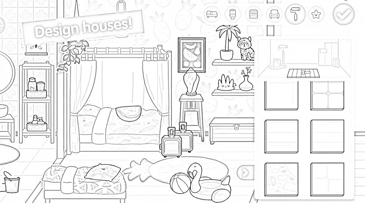 Раскраска Мебель и декор для спальни в бумажном домике Tokka Boka: кровать с балдахином, столик с лампой, зеркало, книжная полка, мягкая игрушка, коврик, декоративные растения, настенные украшения.