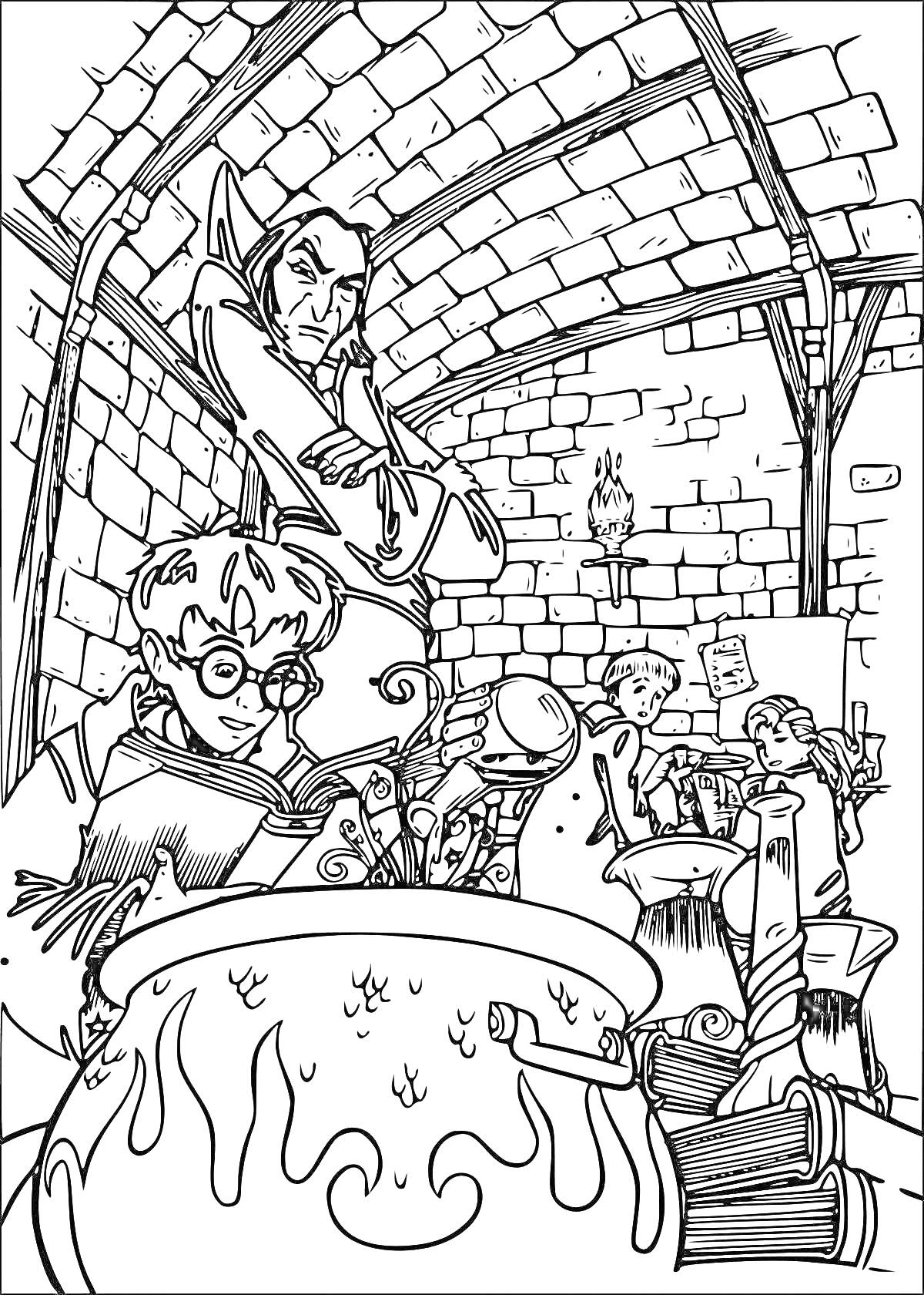 Раскраска Варка зелья в каменной башне с фигурами людей, котлом и книгой