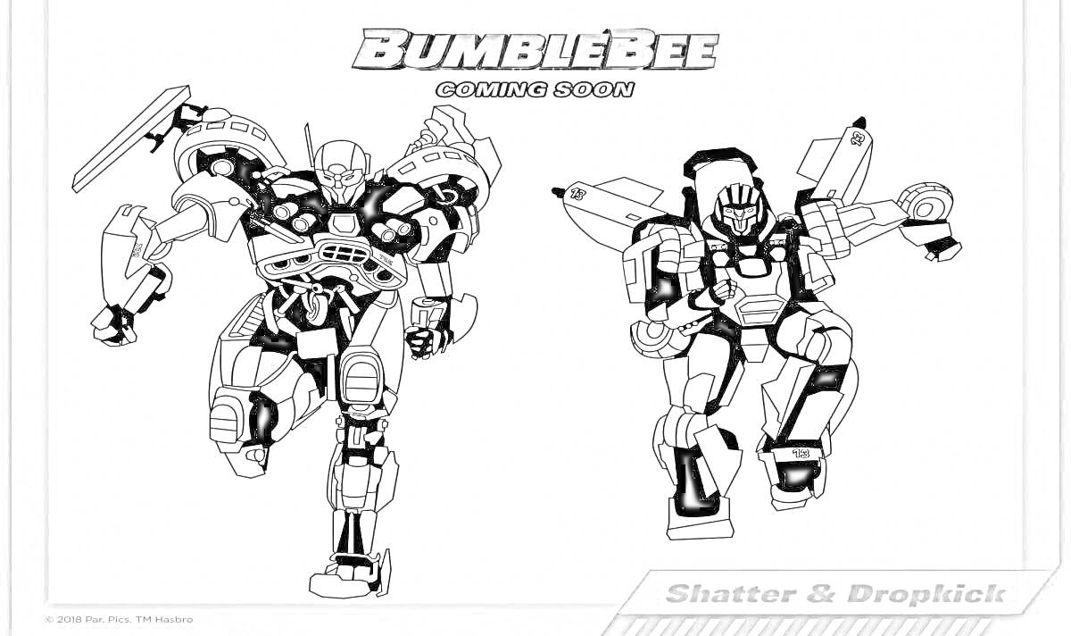 На раскраске изображено: Бамблби, Боевые роботы, Фильм, Трансформеры