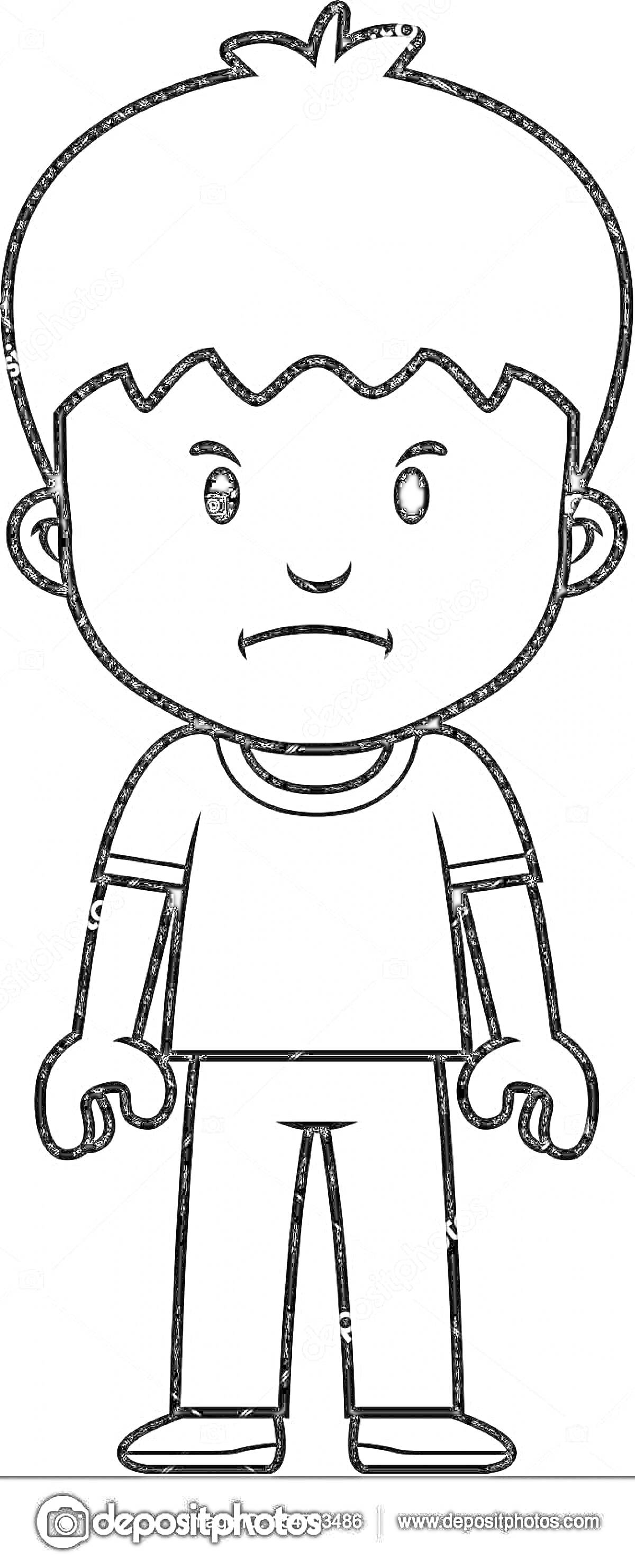 Раскраска Грустный мальчик с короткими волосами, одетый в футболку и брюки