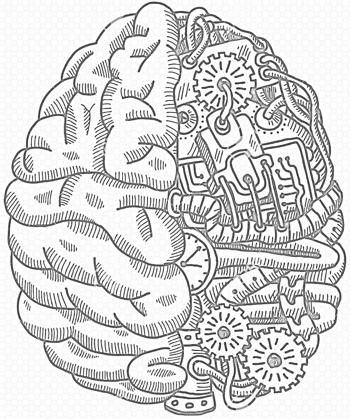 На раскраске изображено: Мозг, Шестерни, Механизмы, Провода, Зубчатые колеса, Техника