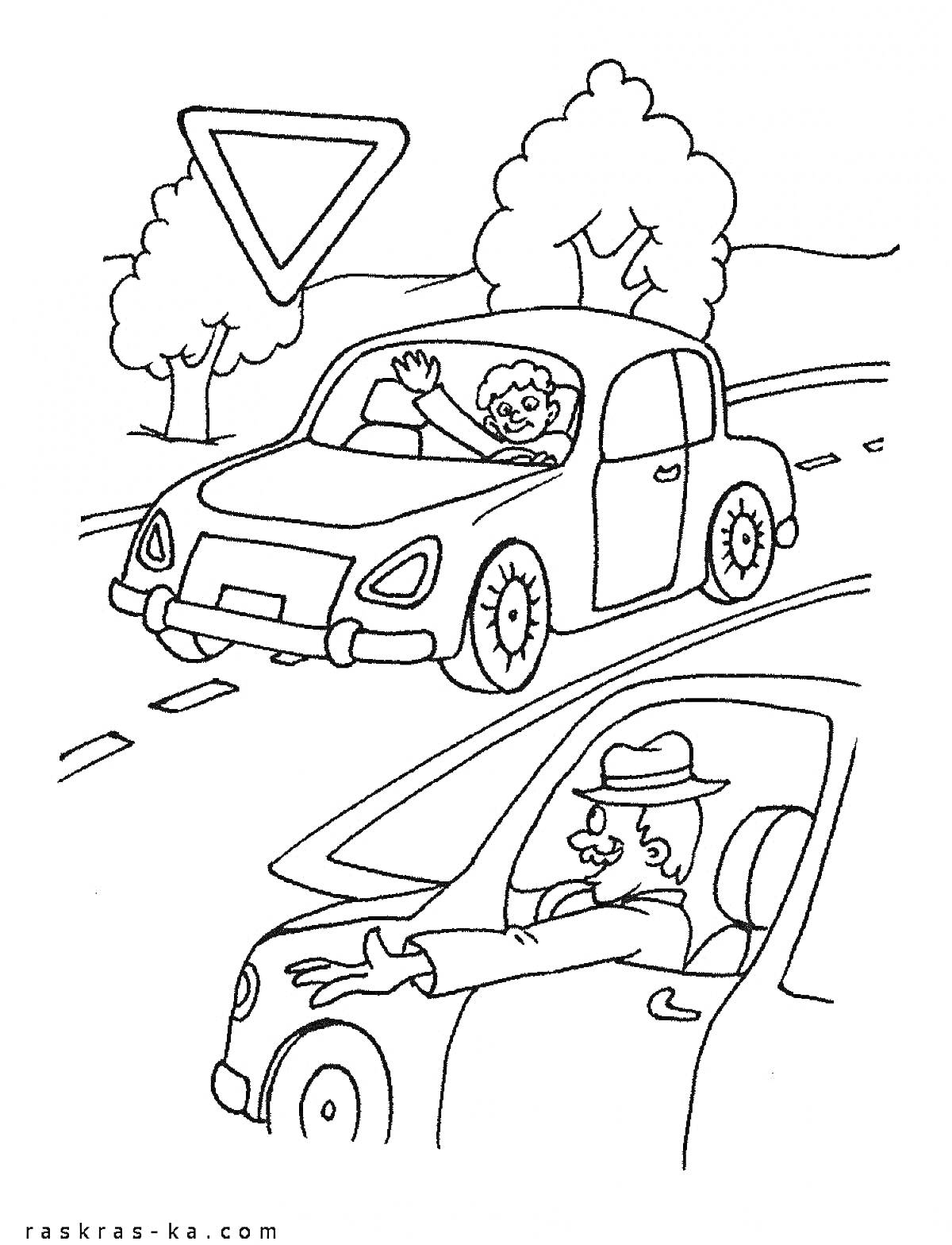 Раскраска Два автомобиля на дороге с водителями, подающие сигнал рукой, дорожный знак 